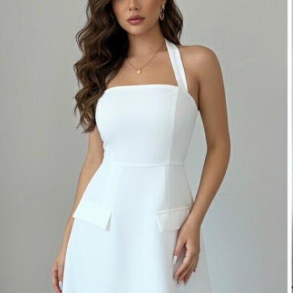 Elegant Waist A-Line Halter Neck Dress White - Picture 2 of 6